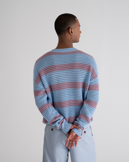 Rough Striped Knit Sweater Blue
