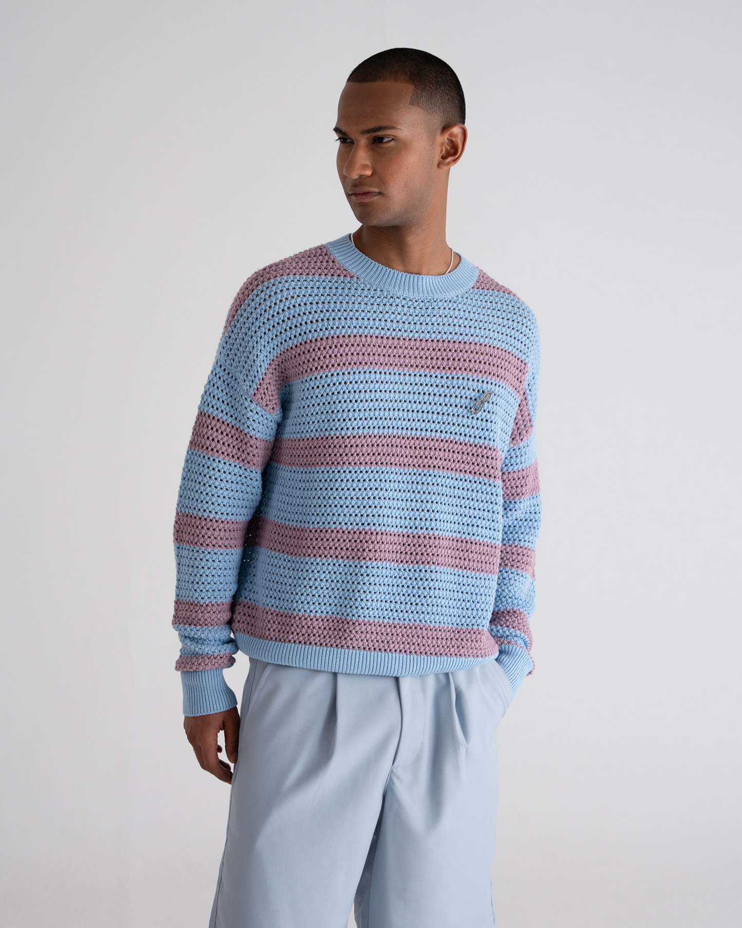 Rough Striped Knit Sweater Blue