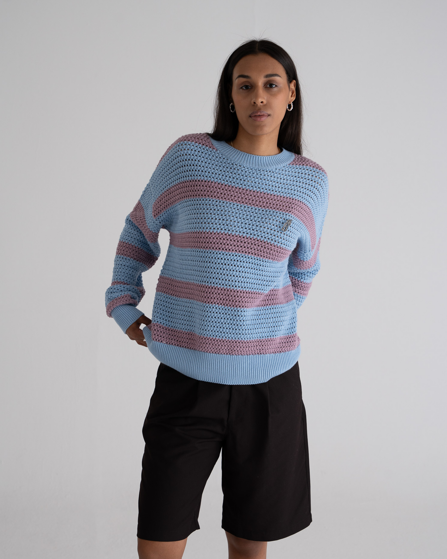 Rough Striped Knit Sweater Blue